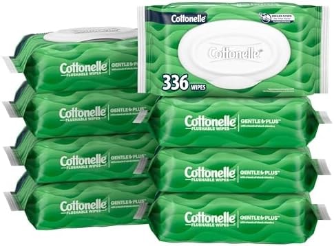 Cottonelle GentlePlus Flushable Wet Wipes with Aloe & Vitamin E, 8 Flip-Top Packs, 42 Wipes Per Pack (336 Total Wipes), Packaging May Vary