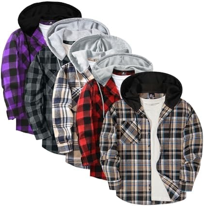 ZITY 5 Pack Men's Flannel Hoodie Shirts Button Down Long Sleeve Casual Stylish Plaid Hooded Shirt with Pocket