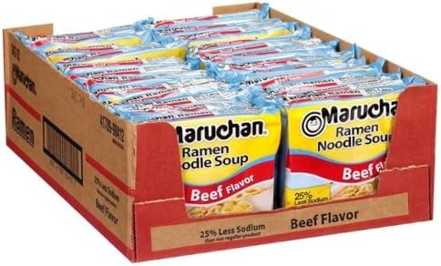 Maruchan Ramen Noodle Soup, Less Sodium Beef Flavor – Japanese-Style Instant Noodles, Quick & Easy Meal for Students & Busy Families – 3 Oz. (24 Pack)