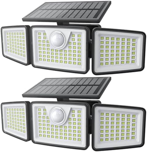 daphino 2500LM Solar Lights Outdoor with Motion Sensor,3 Head 270° Wide Angle Street Area Lights, IP65 Waterproof Security Lighting with 3 Modes(Non-Remote,2 Pcs)