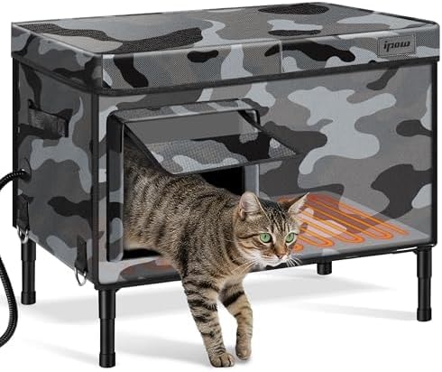 IPOW 6 Layers Ultra Sturdy Cat Houses for Outdoor Cats, 100% Waterproof with 900D Oxford Fabric & Fully Insulated Weatherproof Heated Plush Pad for Outside Stray Barn Cat