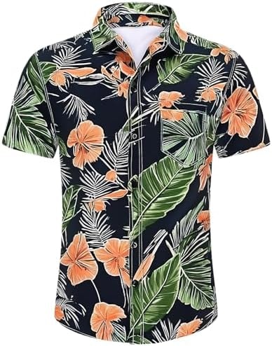 Men's Hawaiian Shirt Funky Blue Beach Printed Tropical Beach Shirt Casual Button Down Short Sleeve Floral Shirts Tops