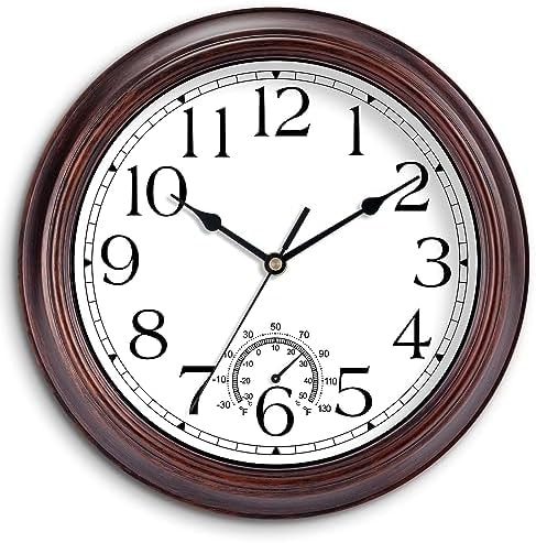 KECYET 8.5 Inch Outdoor Wall Clock with Thermometers, Vintage Silent Wall Clocks Battery Operated, Retro Non-Ticking Clock Decorative for Living Room, Patio, Kitchen, Office, Bathroom, Bedroom(Bronze)