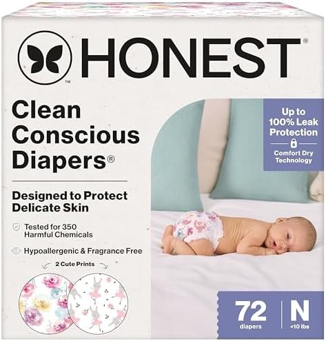 The Honest Company Comfort Dry Disposable Daytime Diapers for Sensitive Skin, Hypoallergenic, Rose Blossom + Tutu Cute, Club Box Size Newborn 72 Count