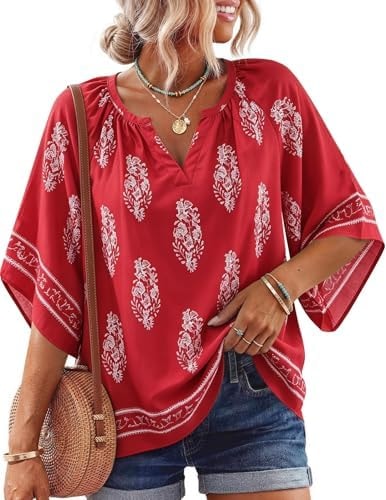 NILOINE Boho Summer Shirts Tops for Women 3/4 Sleeve Dressy V Neck Beach Tunic Tops Short Sleeve Fashion Business Blouses Plus Size Holiday(1-Multi Wine,Large)