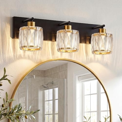 VOLISUN 3-Light Crystal Bathroom Vanity Light Fixtures, Black and Gold