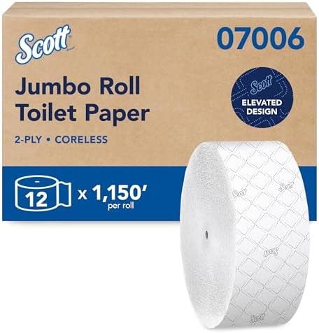 Scott Professional Coreless High-Capacity Jumbo Roll Toilet Paper, Bulk (07006), 2-Ply, Elevated Design, Septic Safe, White (12 Rolls at 1,150' Each, 13,800'/Case)
