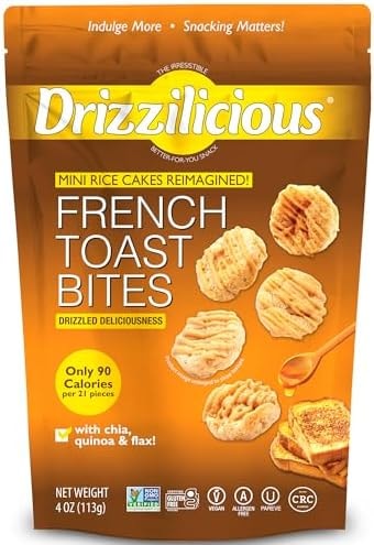 Drizzilicious Mini Flavored Rice Cakes French Toast - Rice Crisps, Healthy Snack for Adults and Kids, Vegan, Gluten Free Snack, Allergen Free, Only 90 Calories Per 21 Pieces - 4 oz (Pack of 1)