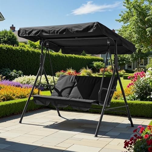 GarveeTech 3 Person Porch Swing Chair,Outdoor Patio Swing Chair with Adjustable Canopy and Armrests,Breathable Fabric Seat & Backrest,Outdoor Swing for Backyard, Garden, 600 Lbs Max Load