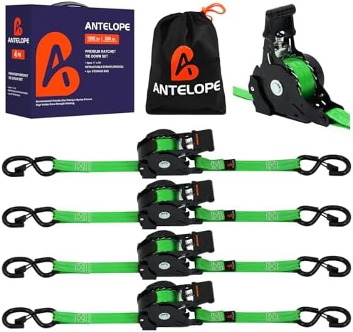 A ANTELOPE 1" x 12' Retractable Ratchet Straps, 4PK Auto Retract Tie Downs