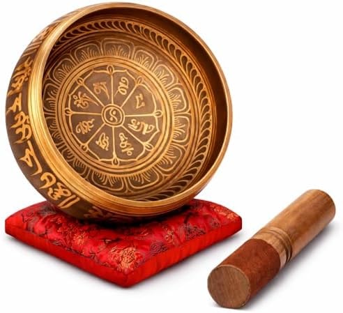 Tibetan Singing Bowl Set 4 Inch Pure Brass, Handcrafted in Nepal, Brown-Red