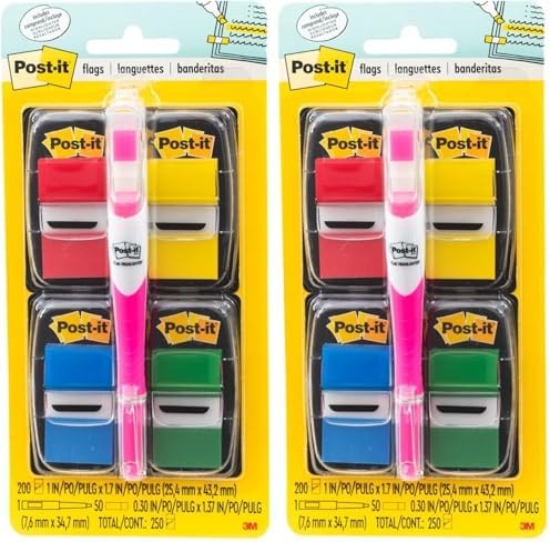 Post-it Flags Value Pack, 50/Dispenser, 4 Dispensers/Pack, 1 in Wide, Assorted Colors, Includes Free Flags + Highlighter (680-RYBGVA) (Pack of 2)