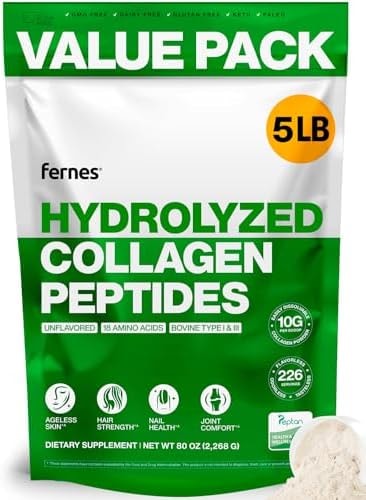Fernes Collagen Powder for Women Men (5LB) Type I & III Flavorless & Odorless Easy-Mix Hydrolyzed Peptan Protein Peptides Joint Hair Skin & Nail Support Gluten-Free Non-GMO Keto Paleo Grass-Fed Kosher