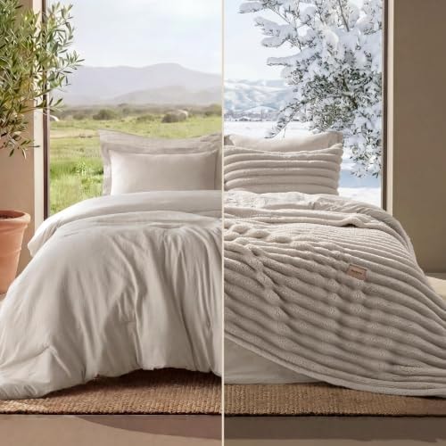 Bedsure 2-in-1 Comforter Set Queen Size with Blanket, Fluffy Bedding, Beige