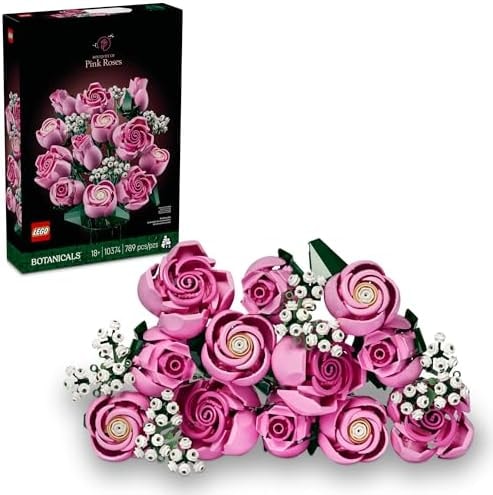 LEGO Botanicals Bouquet of Pink Roses Artificial Flowers - Building Blocks for Adults, Ages 18+ - Gifts for Birthdays for Her - Flowers for Home Office, Shelf or Room Decor - 10374