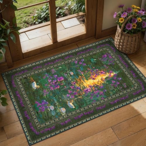 SERISSA 2x3 Small Area Rug for Entryway, Washable Impressionist Floral Indoor Doormat, Non-Slip Low Pile Accent Rug for Entrance Kitchen Bedroom Laundry Room, Green
