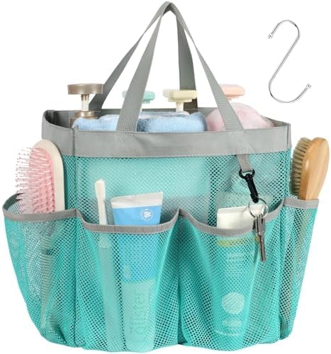 F-color Mesh Shower Caddy Portable, Upgrade Deeper 7 Pockets Shower Bag Basket Bag for College Dorm Room Toiletry Bathroom Essentials Gym Camp Quick Dry 2 handles with S Hook, Mint Green