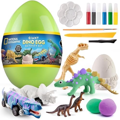 National Geographic Giant Dinosaur Egg Activity Kit – 15+ Dino Crafts, Painting Cars, Clay Models, Dig Brick, Stickers & Learning Guide, Dinosaur Science Toy for Boys & Girls