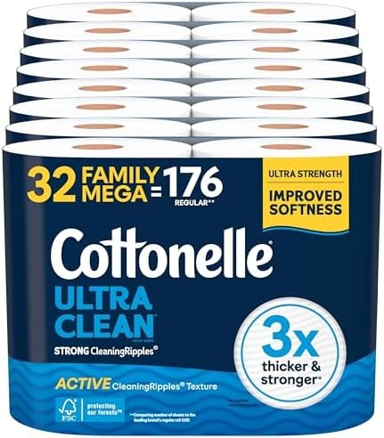 Cottonelle Ultra Clean Toilet Paper with Active CleaningRipples Texture, Strong Bath Tissue, 32 Family Mega Rolls = 176 Regular Rolls (8 Packs of 4)