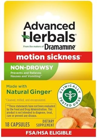 From the Makers of Dramamine, Advanced Herbals with Natural Ginger, for Nausea Relief, Morning Sickness Relief & Motion Sickness Relief During Travel, 18 Capsules