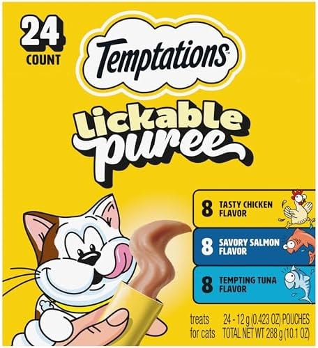Temptations Creamy Puree Squeezable Lickable Cat Treats, Wet Cat Treats with Chicken, Salmon, and Tuna Variety Pack, 0.42 oz. Tubes, 24 Count