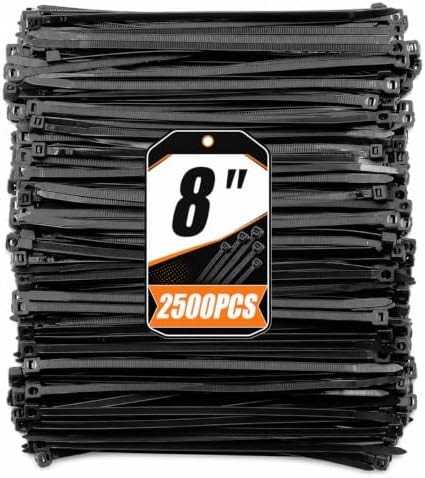 YUZE-WZDQ 8 Inch Black Zip Ties 2500 Pack Heavy Duty 60LBS UV Resistant