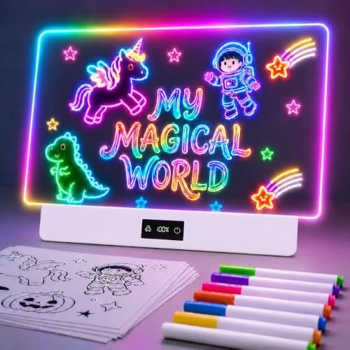 TAEMVV 16" LED Drawing Board for Kids with 8 Colors 3 Dynamic Modes, Rechargeable 15H Battery Display, Glow Light Up Note Board Birthday Gifts Toys for Girls Ages 3 4 5 6 8-12, White