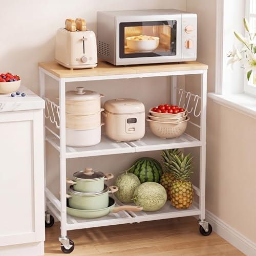 Wapuai Rolling Kitchen Microwave Cart, 3-Tier Cart with Lockable Casters, 6 S Hooks for Towels, Rolling Kitchen Storage Rack, Space Saving Stand for Small Kitchen, Apartment, Coffee Bar