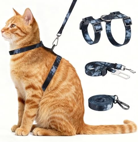 Cat Harness and Leash Set, 3-in-1 Escape Proof Adjustable, Comfortable Soft Lightweight, Safe, Easy to Wear, Walking Travel Kitten Harness for Small Medium Cats (Black