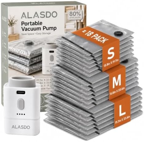 ALASDO Vacuum Storage Bags with Portable Electric Pump USB-C Rechargeable Vacuum Sealer Machine for Travel Essentials (18 Combo Travel Size)