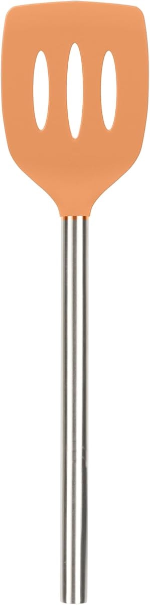 Tovolo Slotted Silicone Spatula Turner Slotted Stainless Steel Handle 10" Apricot Orange Heat Resistant Non Toxic BPA Free Kitchen Utensil, Silicone Pancake Flipper Metal Handle Turner for Cooking