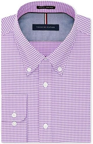 Tommy Hilfiger Men's Dress Shirt Slim Fit Non Iron Gingham, Iris, 17" Neck 34"-35" Sleeve
