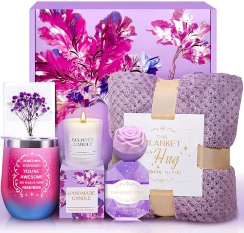 Birthday Gifts for Women, Self Care Relaxing Spa Gift Baskets with Flannel Blanket for Mom, Wife, Sister, Grandma, Friends, Her, Thank You, Anniversary, Retirement Gift(Purple)