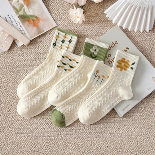 5 Pairs Womens Ankle Socks Cute Casual Breathable Cable Knit Floral Vintage Crew Socks