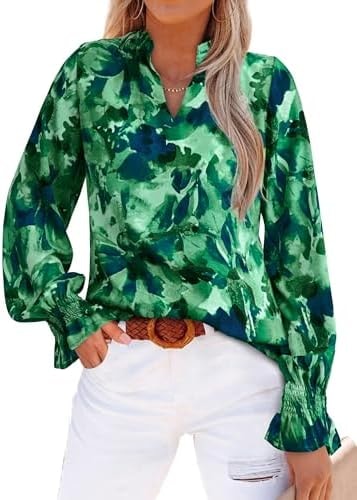 MASCOMODA Womens Boho Floral Long Sleeve Loose Chiffon Blouses Green