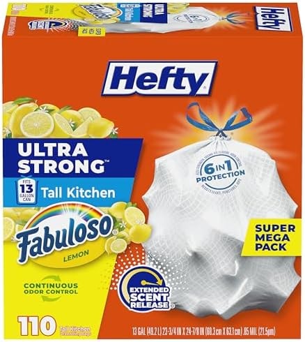Hefty Ultra Strong 13 Gallon Trash Bags, Tall Kitchen Trash Bags 13 Gallon Size, Resist Leaks, Punctures, and Rips, Continuous Odor Control, White, Fabuloso Lemon Scent, 110 Bags