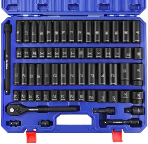 WORKPRO 1/2” Drive Impact Socket Set, 65PCS SAE(3/8”-1-1/4”) and Metric(10-24mm) Deep & Shallow Kit, Ratchet Handle, Extension Bar, Impact Universal Joint and Adapters for Automotive Repair