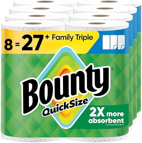 Bounty Quick-Size Paper Towels, White, 8 Family Triple Rolls = 27 Regular Rolls
