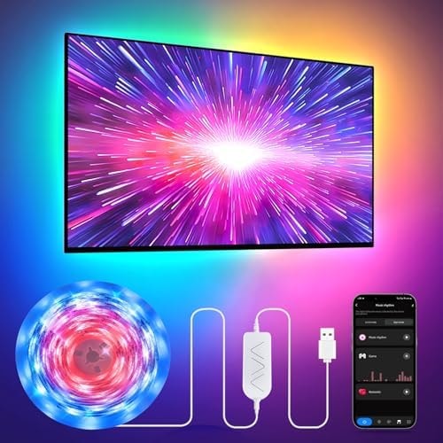 9.84ft RGB+IC LED Lights for 32-43 Inch TV, Backlight Strip Behind TV with Music Sync, APP and Voice Control, 44 Scene Modes, for Ambient Mood Lighting, Monitor Game, Bedroom, Living Room