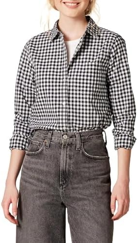 Amazon Essentials Women's Regular-Fit Long-Sleeve Button-Down Cotton Poplin Shirt, Business Casual, Black White Gingham, Large