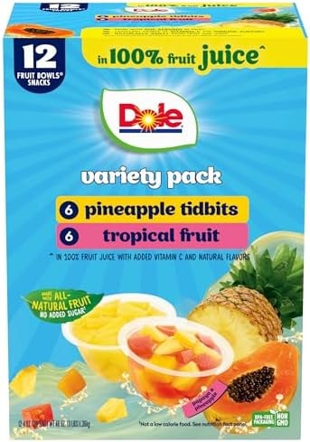 Dole Pineapple Tidbits and Tropical Fruit in 100% Juice Variety Pack - Dole Fruit Bowls Snacks - 4 oz Bowls - 12 Pack