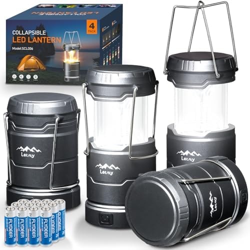 LETMY LED Camping Lantern for Power Outages, 3 Color Modes & Dimmable Battery Powered Lantern, IPX4 Waterproof & Collapsible, Lanterns Flashlight Survival Kits for Emergency Hurricane Hiking, 4 Pack