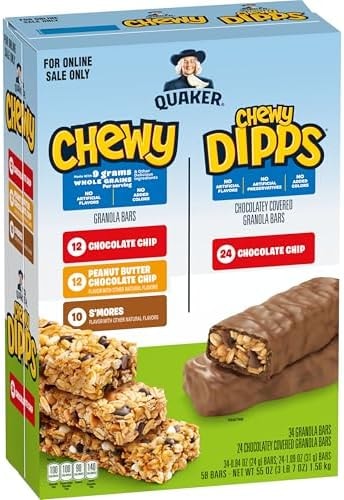 Quaker Chewy Granola Bars, Chewy & Dipps Variety Pack, (58 Bars), Whole Grains, No Artificial Flavors, No Added Colors