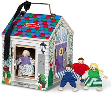 Melissa & Doug Take-Along Wooden Doorbell Dollhouse - Doorbell Sounds, Keys, 4 Poseable Wooden Dolls Portable Doll House, Doorbell House for Kids Ages 3+