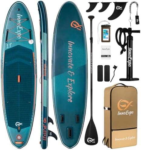 InnoExpo 11' Inflatable Stand Up Paddle Boards with Premium Accessories, Wide Stable SUP Paddle Board Design, Non-Slip Comfort Deck for Youth & Adults (Futuristic)