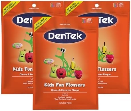 Dentek Floss Picks, Kids Flossers, Wild Fruit Flavor, 75 Count, 3 Pk