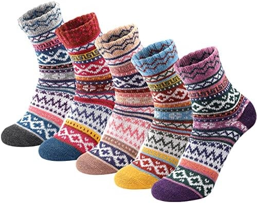 fauson 5 Pairs Womens Wool Socks, Warm Thick Cozy Crew Socks for Winter