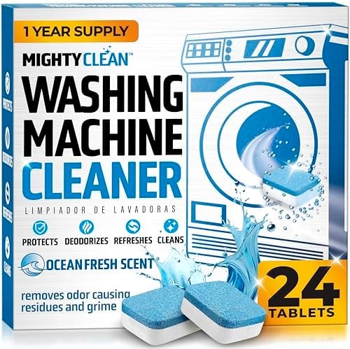 MIGHTY CLEAN Washing Machine Cleaner Tablets 24 Pack - 1 Year Supply, Septic Safe Washing Machine Cleaning Tablets, Washer Cleaner Tablet, Works with All Washers Including HE
