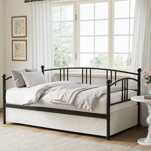 IDEALHOUSE Twin Daybed Without Trundle, Metal Twin Size Daybed, Steel Slat Support Sofa Bed for Living Room, Bedroom, Guest Room (Black-Without Trundle)