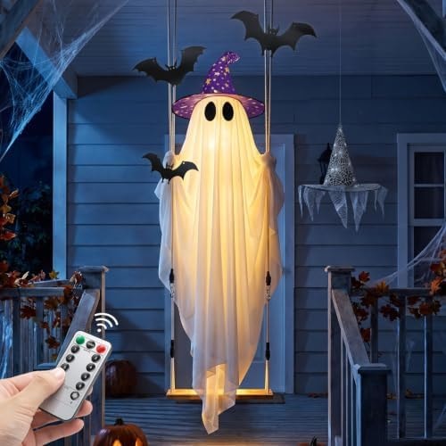 Halloween Ghost Decor with Bat & Hat - 11 FT Large Hanging Swinging Ghost